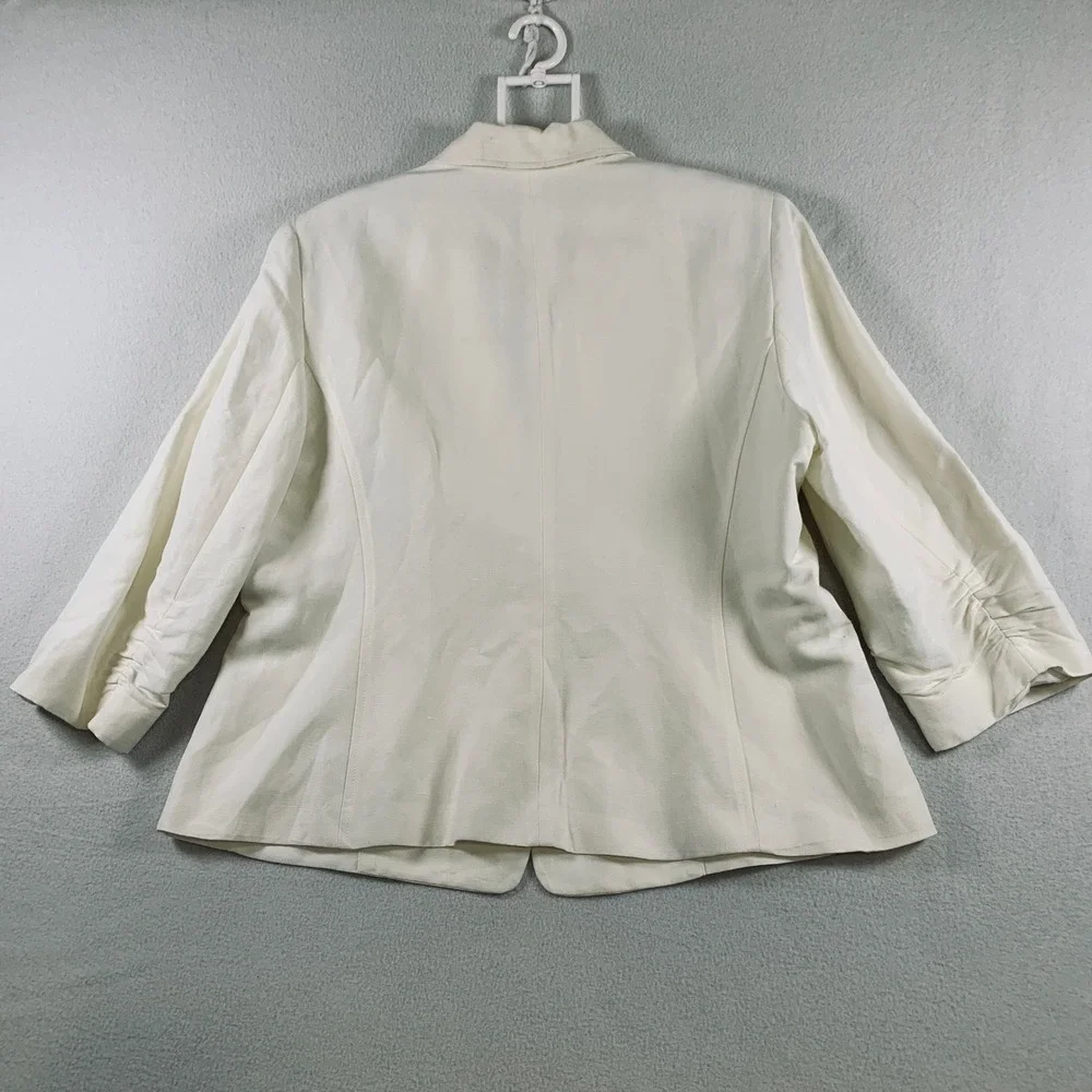 Kasper Blazer Women's 14 Ivory Linen Blend Ruched 3/4 Sleeve 1-Button Jacket